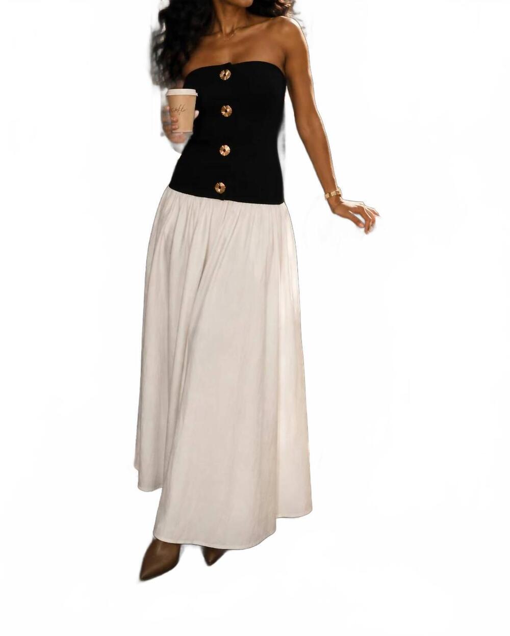 NEW SURELYMINE strapless button-front color block maxi dress in black